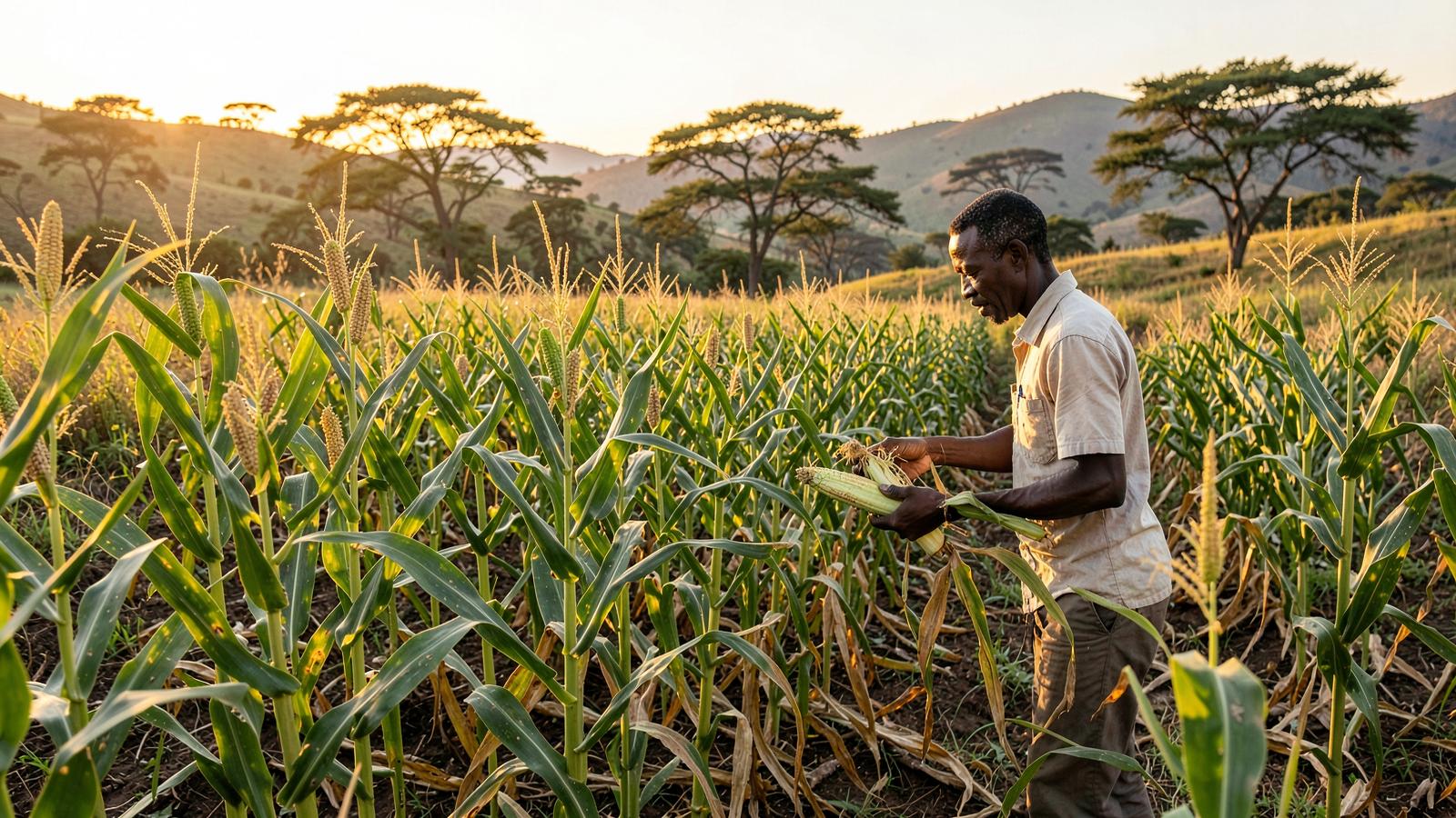 Kenyan farmer checking maize cobs in a highland field at golden hour